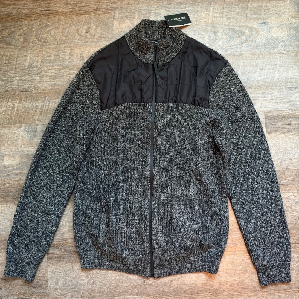 Kenneth Cole Full Zip Sweater Cardigan XL Casual Gray and Black Marbled NEW